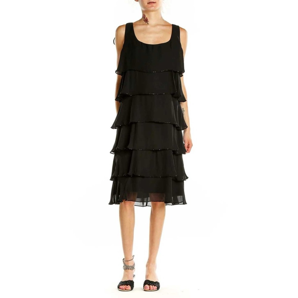 Patra Tiered Chiffon Cocktail Dress Women 12 Black Beaded Trim LBD Party Retro